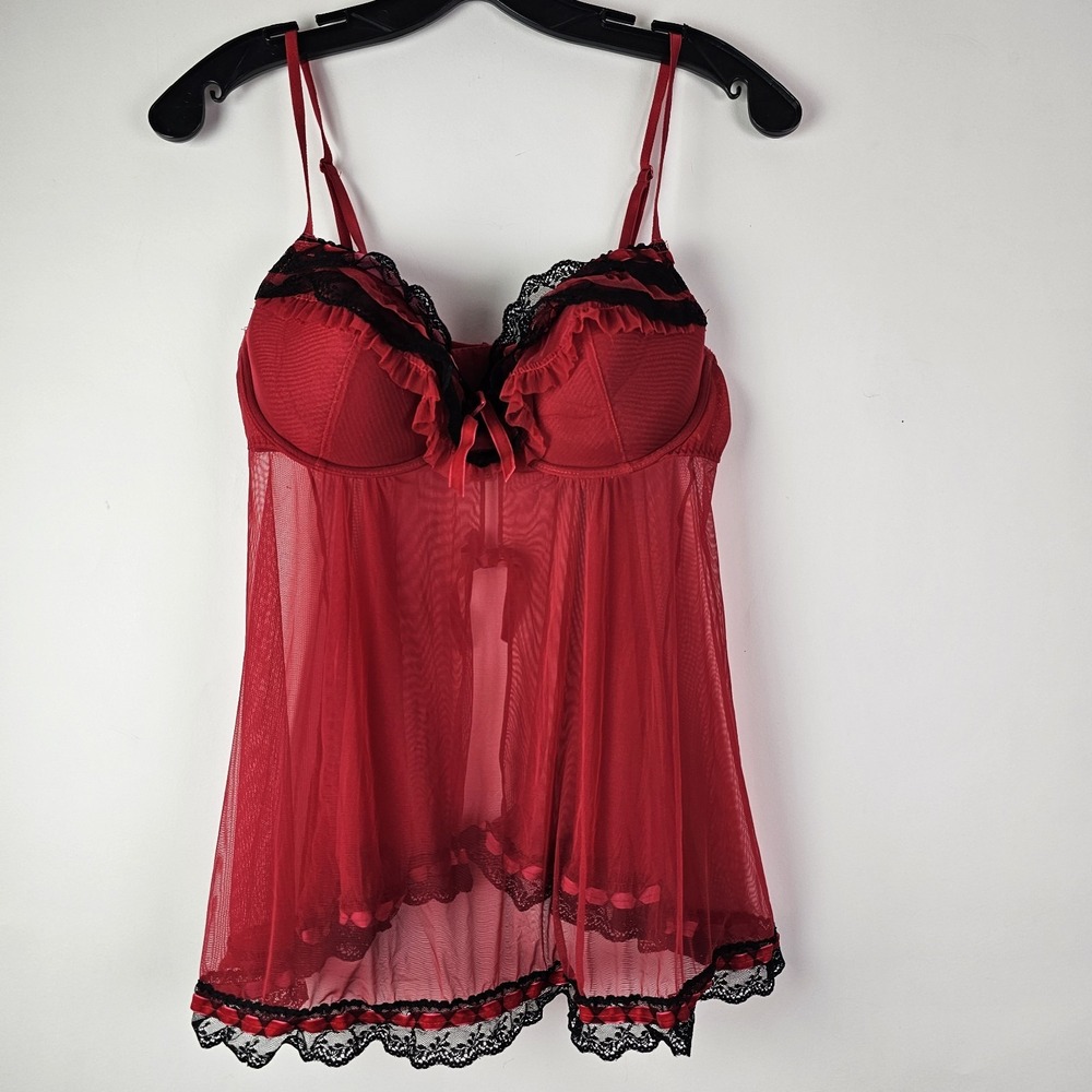 Jezebel‎ Women's Sexy Red L Sheer Lingerie Sleepwear Babydoll Chemise Open Back